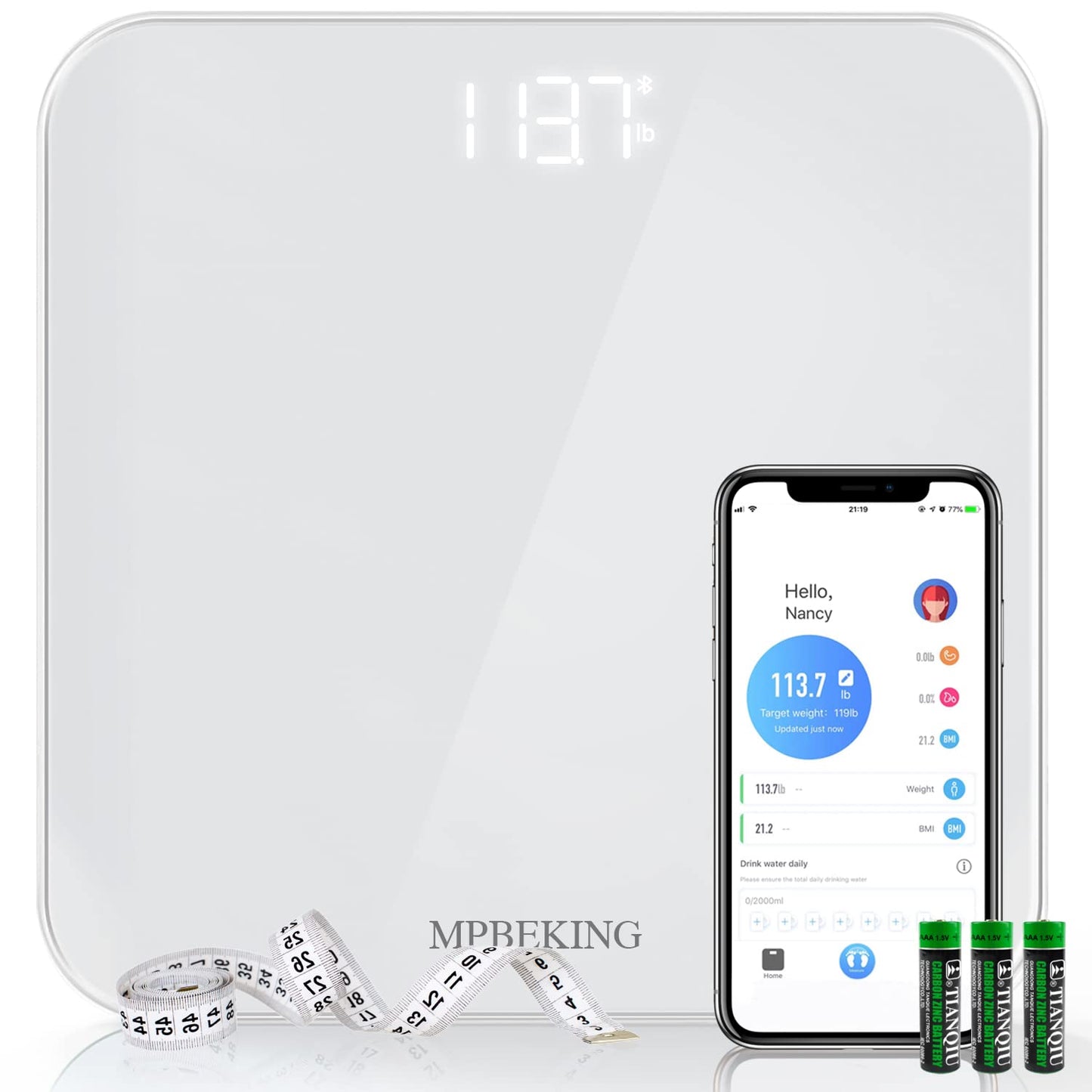 Báscula MPBEKING, digital de alta precisión con Bluetooth y pantalla LED iluminada
