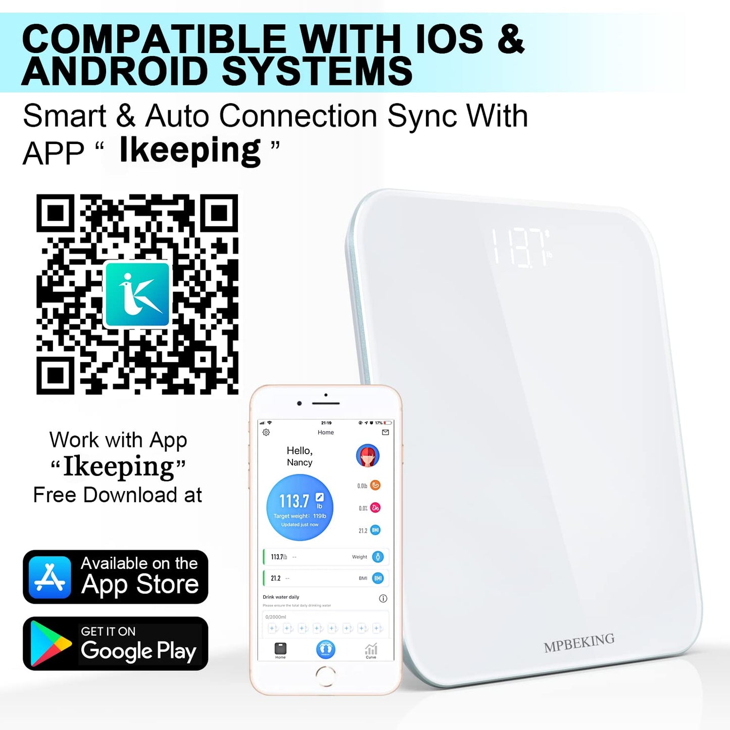 Báscula MPBEKING, digital de alta precisión con Bluetooth y pantalla LED iluminada