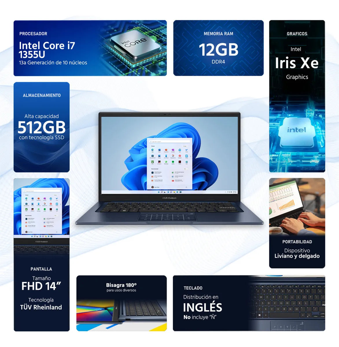 ASUS VIVOBOOK 14 FHD LAPTOP - INTEL CORE I7 - 12GB RAM - 512GB SSD WIN11 - BLUE
